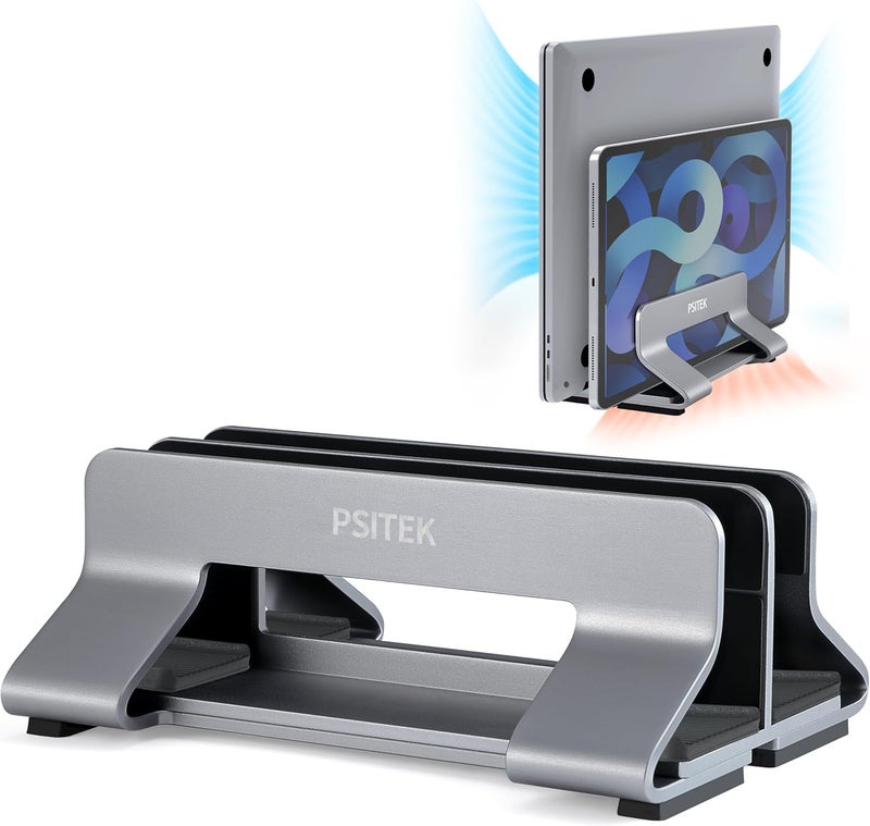 Psitek Aluminum Dual Vertical Laptop Stand Dock Holder, Supports 2 Devices, Adjustable Slot Width 15-36mm, Space-Saving Upright Storage for MacBook and Laptops - Image 1